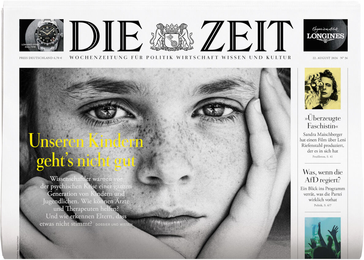 Titelblatt der Zeitung DIE ZEIT Ausgabe 36/2024 mit dem Titel 'Unseren Kindern geht's nicht gut'. Eine großformatige Nahaufnahme eines nachdenklichen Kindes. Weitere Schlagzeilen und Artikel-Vorschau an der Seite. Hauptfarben sind Weiß, Schwarz, Gelb und Grau. Oben die Logos von DIE ZEIT und Longines.