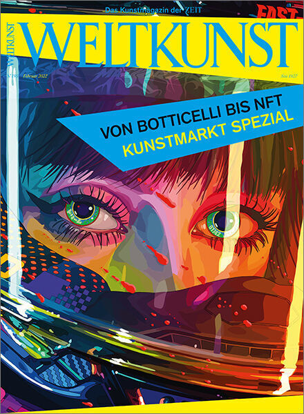 Titelbild des Kunstmagazins WELTKUNST 195/22 Kunstmarkt Spezial. Ein farbenfrohes, abstraktes Gesicht in kräftigen Farben Blau, Gelb, Rosa, Orange, Grün und Rot zieht die Aufmerksamkeit auf sich. Oben auf dem Titelblatt steht der Name 'WELTKUNST' in großen gelben Buchstaben.
