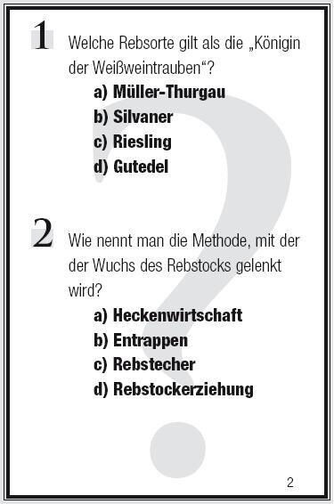 Bild eines Weinquiz-Spiels mit Fragen zu Rebsorten und Weinbau. Perfekt für Weinliebhaber und als Geschenk für verschiedene Anlässe.