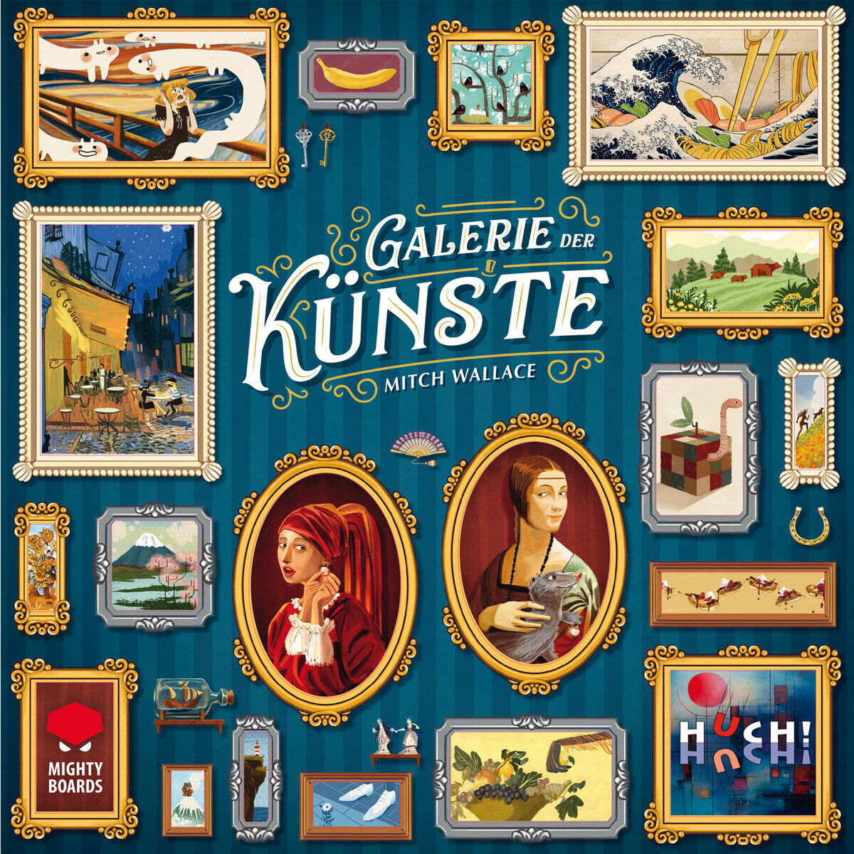 Eine Brettspielverpackung namens 'Galerie der Künste' mit verschiedenen illustrierten Kunstwerken in goldenen Rahmen auf einem blauen Hintergrund. Das Design umfasst diverse Stile, von Porträts bis Landschaften, und trägt dazu bei, ein kunstvolles Thema zu vermitteln.