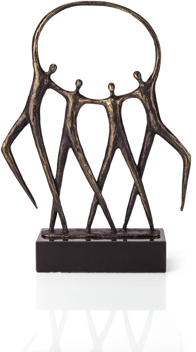 Eine künstlerische Skulptur aus Bronze mit dem Titel »Hand in Hand« von Gerard. Die Skulptur zeigt stilisierte Menschenfiguren, die sich an den Händen halten und in einem Kreis angeordnet sind. Die Figuren stehen auf einem schwarzen Sockel.