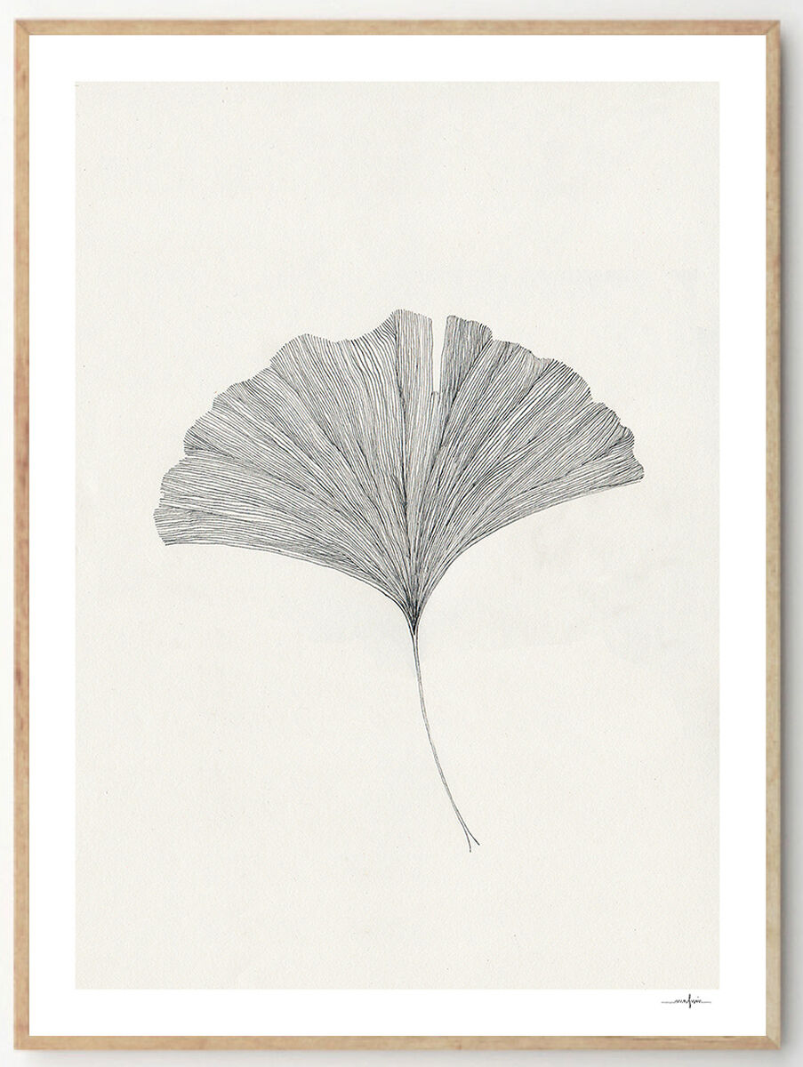 Ein minimalistisch gerahmter Kunstdruck zeigt ein Ginkgoblatt in Schwarz-Weiß. Das Blatt ist zentral auf einem hellen Hintergrund platziert, umgeben von einem schlichten Holzrahmen.