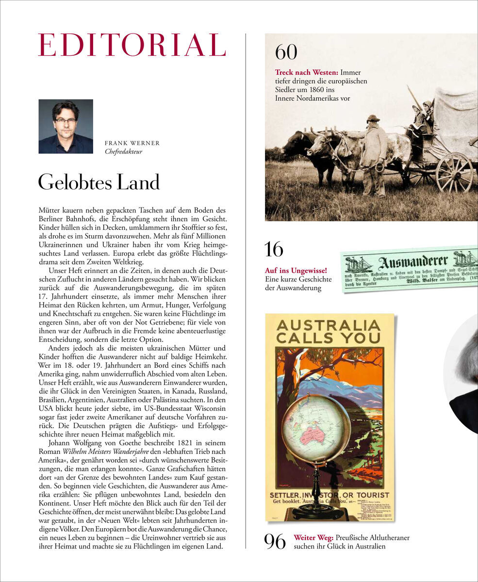 Das Bild zeigt die Titelseite und einen Ausschnitt aus der Zeitschrift ZEIT GESCHICHTE 3/22 mit dem Titel 'Deutsche Auswanderer'. Die Seite enthält eine Überschrift 'Editorial' in Rot, eine Abbildung eines historischen Wagens unter einer Heuschoberlandschaft, ein Image von 'Australia calls you' und Textinformationen über Auswanderung und Geschichte. Es sind schwarz-weiße Fotos und farbige Illustrationen enthalten.