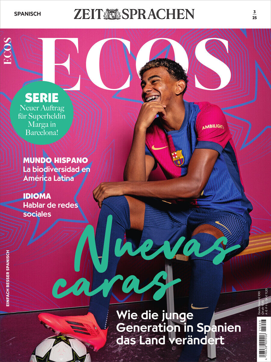 Cover des Ecos Magazins 3/2025 mit einem jungen Mann in einem Fußballtrikot, Texten über neue Themen in Spanisch und einem Fokus auf Kultur und Jugend.