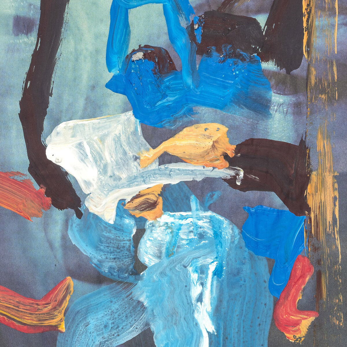 Abstraktes Kunstwerk von Erik Schmidt aus der ZEIT-Sonderedition »Ernst, 2024« mit einer Mischung aus blauen, weißen, gelben, schwarzen und roten Farben, die ineinander fließen.