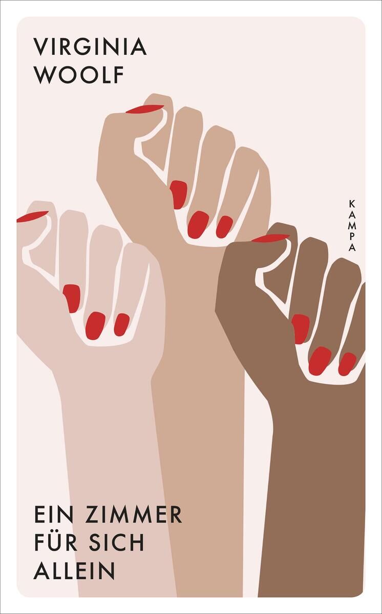 Das Buchcover zeigt stilisierte, erhobene Arme mit roten Fingernägeln in verschiedenen Hauttönen. Der Titel lautet 'Ein Zimmer für sich allein'. Der Autor ist Virginia Woolf.