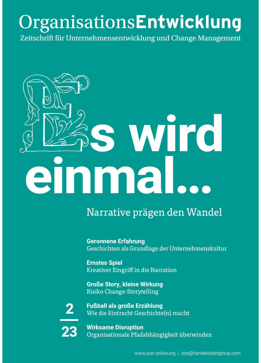 Das Cover der Zeitschrift OrganisationsEntwicklung Ausgabe 02/2023 mit dem Titel 'Es wird einmal...'. Themen sind Geschichten des Wandels, Narrative, Unternehmensentwicklung und Change Management, präsentiert vor einem türkisfarbenen Hintergrund.