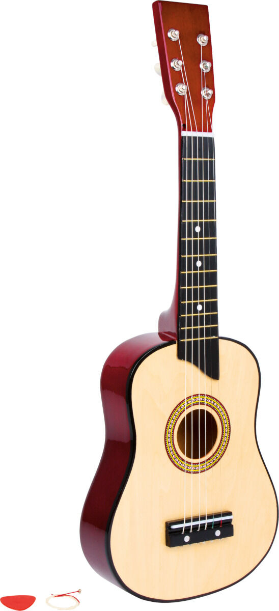 Kindergitarre aus Holz mit rot eingefärbtem Rand und schwarzen Saiten