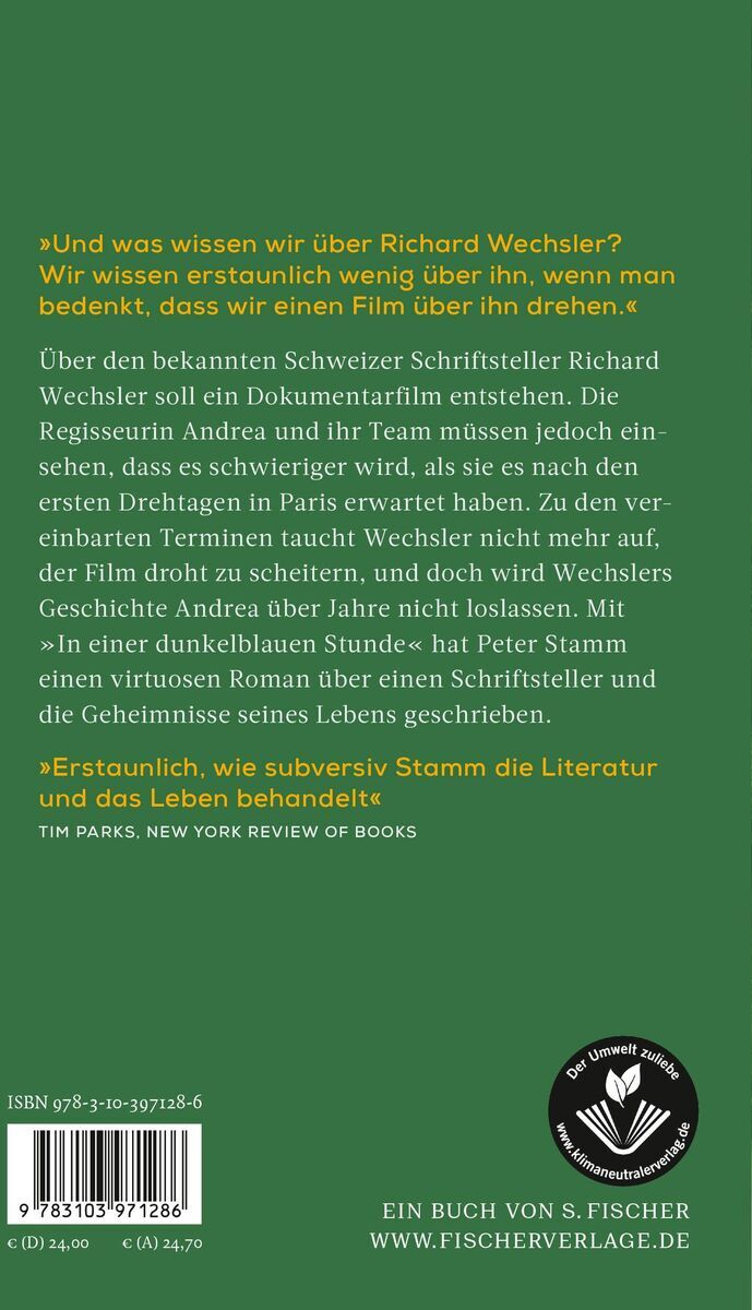Rückseite des Buches 'In einer dunkelblauen Stunde' von Peter Stamm, mit grünem Hintergrund, gelber und weißer Schrift sowie Verlagslogo unten rechts.