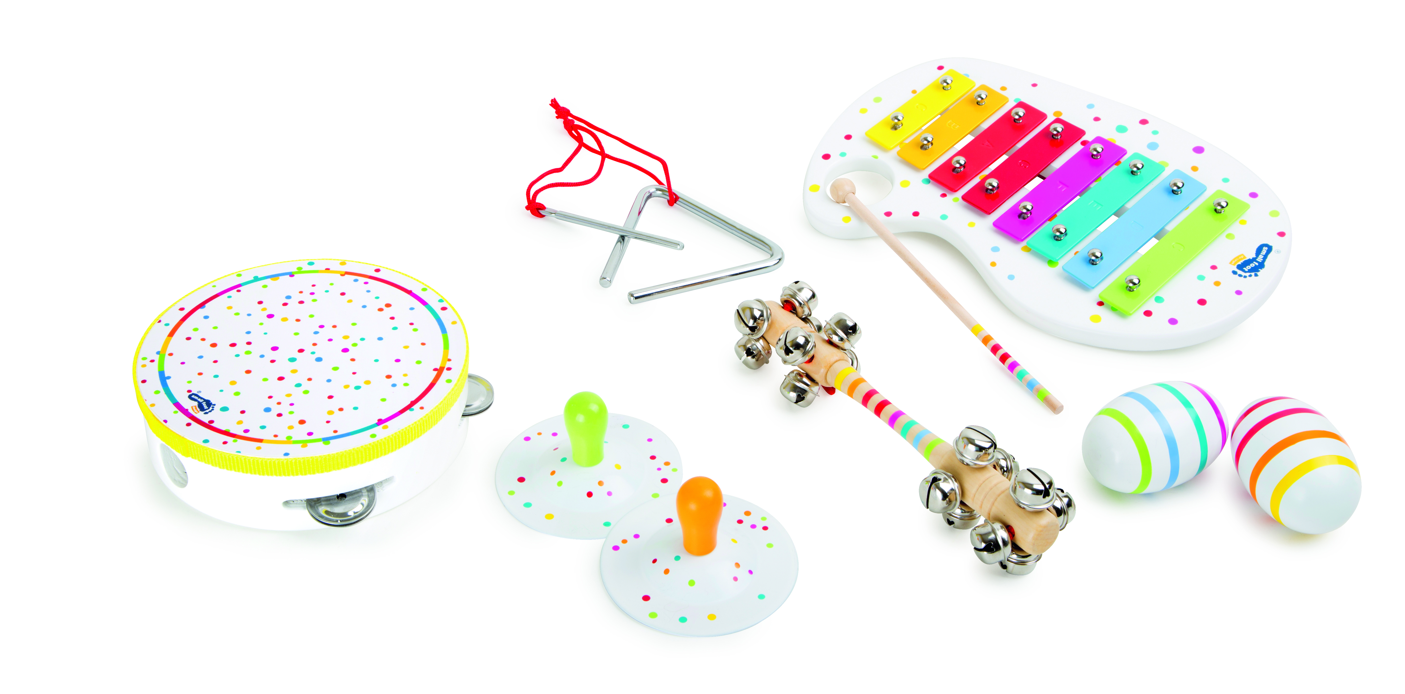 Das Bild zeigt ein farbenfrohes Musik-Set für Kinder mit Xylophon, Tamburin, Rasseln, Handtrommel, Klangstab und zwei Schlägeln. Die Instrumente sind weiß mit bunten Punkten und Streifen gestaltet und eignen sich ideal für musikalische Früherziehung.