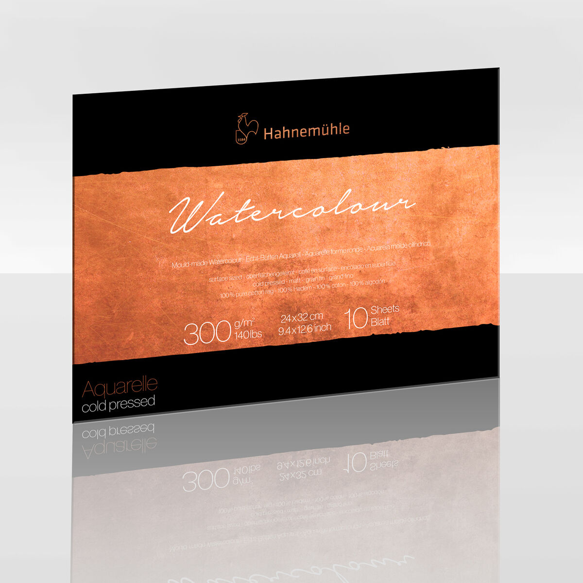 Das Produkt „The Collection »Watercolour« 300 gsm“ von Hahnemühle zeigt eine Verpackung für Aquarellpapier in den Farben Schwarz und Orange, mit einer Schrift in Weiß. Es handelt sich um einen hochwertigen Papierblock mit einer Stärke von 300 g/m², speziell für Wasserfarben geeignet.