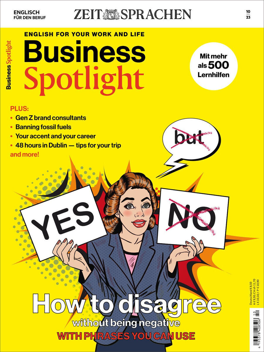 Titelbild des Business Spotlight Magazins 10/2023, das Themen wie Kommunikation, Konfliktlösung und Karriereentwicklung behandelt. Eine Frau hält zwei Schilder mit den Aufschriften 'YES' und 'NO'.