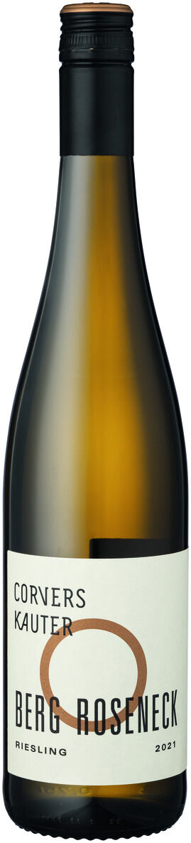 Flasche ZEIT-Weinedition »Rheingau« Riesling von Corvers Kauter, mit Etikett Berg Roseneck und Jahrgang 2021, Weißwein in einer schlanken braunen Flasche.