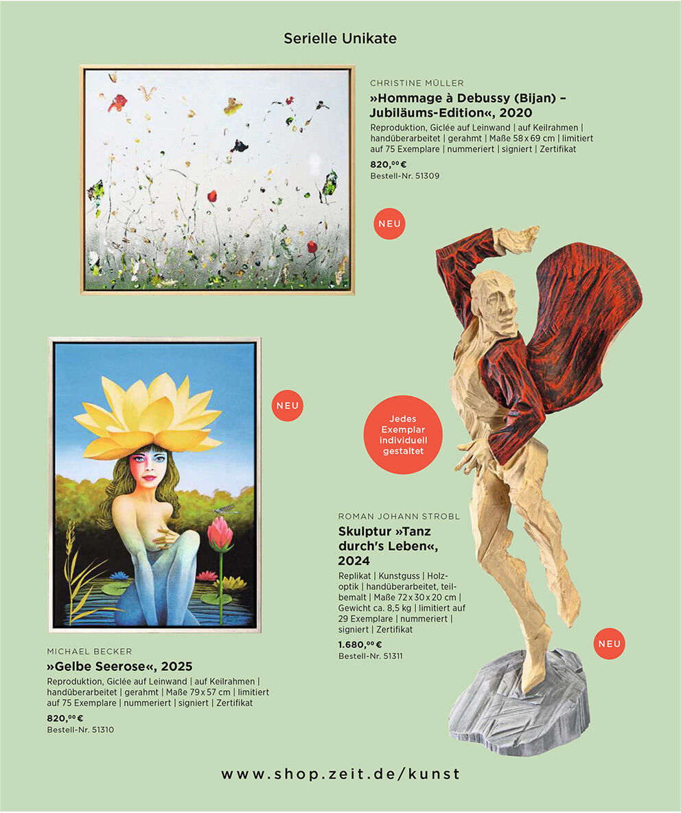 Seite aus dem Katalog 'Kunst 2/2026' von DIE ZEIT mit drei Kunstwerken: Ein florales Gemälde in Weiß-Grün, ein farbenfrohes Bild mit Seerose und Frau, sowie eine dynamische Tänzer-Skulptur in Beige und Rot vor hellgrünem Hintergrund. Neuheiten sind markiert.