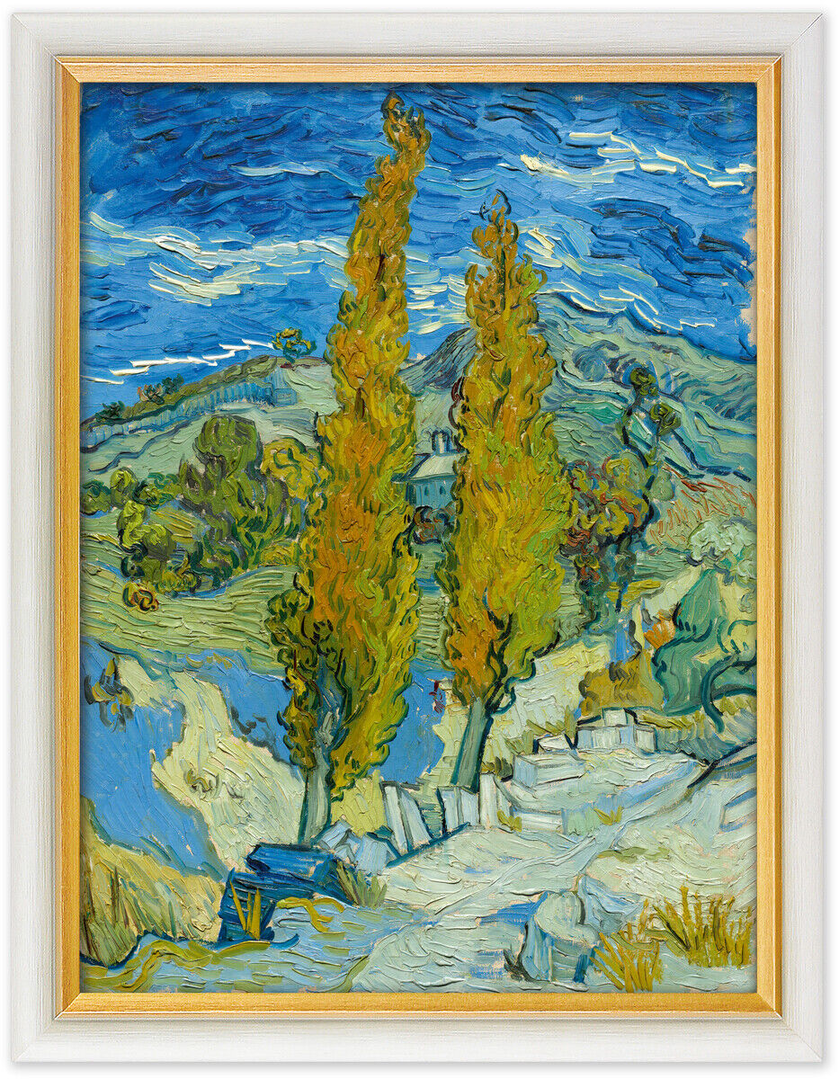 Gemälde von Van Gogh mit dem Titel 'Zwei Pappeln an einem Weg', das einen lebhaften blauen Himmel und zwei hohe gelbe Pappeln in einer grünen Landschaft darstellt. Das Bild zeigt die charakteristischen wirbelnden Pinselstriche des Künstlers.