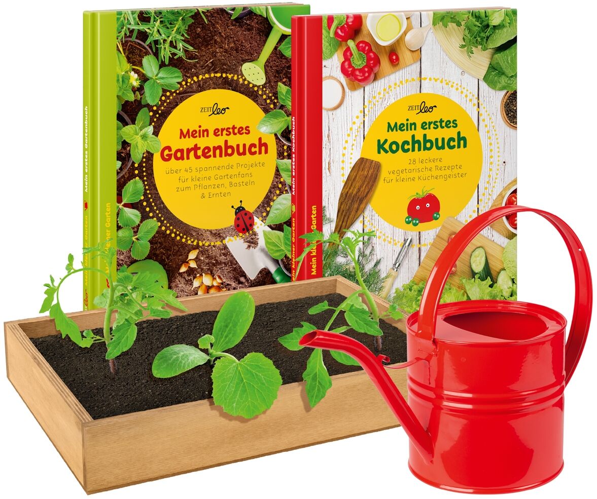 Produktbild des ZEIT LEO-Edtion 'Mein kleiner Garten' für Kinder, bestehend aus einem Set mit zwei Büchern ('Mein erstes Gartenbuch' und 'Mein erstes Kochbuch'), einem kleinen Pflanzkasten mit Erde und Pflanzen und einer roten Gießkanne.