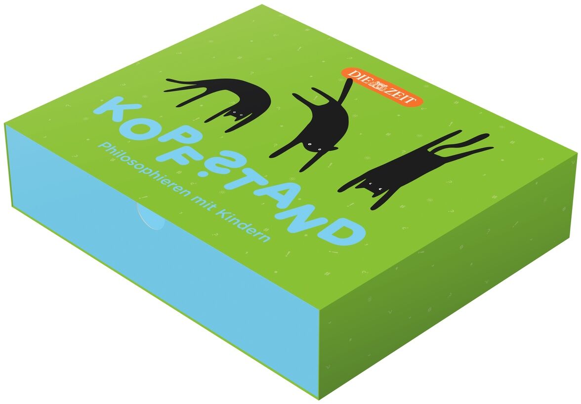 Eine grüne Box mit dem Titel 'ZEIT-Edition »Kopfstand«'. Das Cover zeigt schwarze Figuren und den Schriftzug 'Philosophieren mit Kindern' in hellblauen Buchstaben.