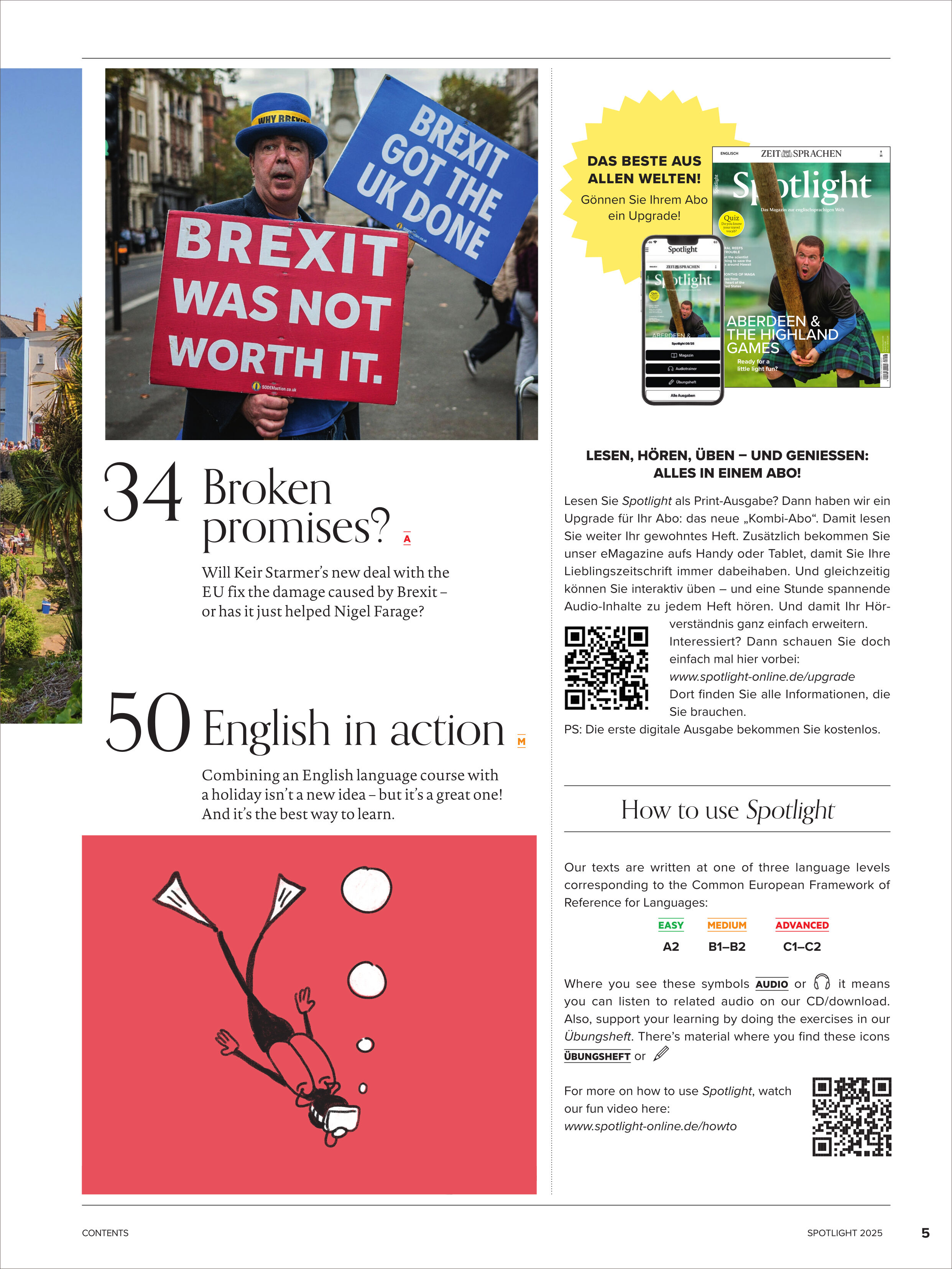 Titelseite des Spotlight Magazins 9/2025 mit einer Aufnahme eines Mannes, der ein Schild zu Brexit hält, daneben Artikelüberschriften zu Sprachlern-Themen, einem Taucher mit britischer Flagge und Hinweisen zur Nutzung des Magazins. Farben: Blau, Weiß, Rot, Gelb, Schwarz.
