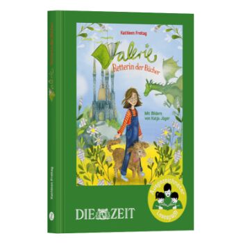 Das Buchcover von "Valerie – Retterin der Bücher" von Kathleen Freitag zeigt ein fröhliches, buntes Illustrationsbild: Ein Mädchen mit roten Haaren, gelbem Pullover und blauer Latzhose steht neben einem wuscheligen Hund auf einer Wiese. Im Hintergrund: ein Drache, Blumen, ein Schloss und blauer Himmel. Unten links steht das ZEIT-Logo, rechts ein gelbes Emblem für die Lesespaß-Edition.