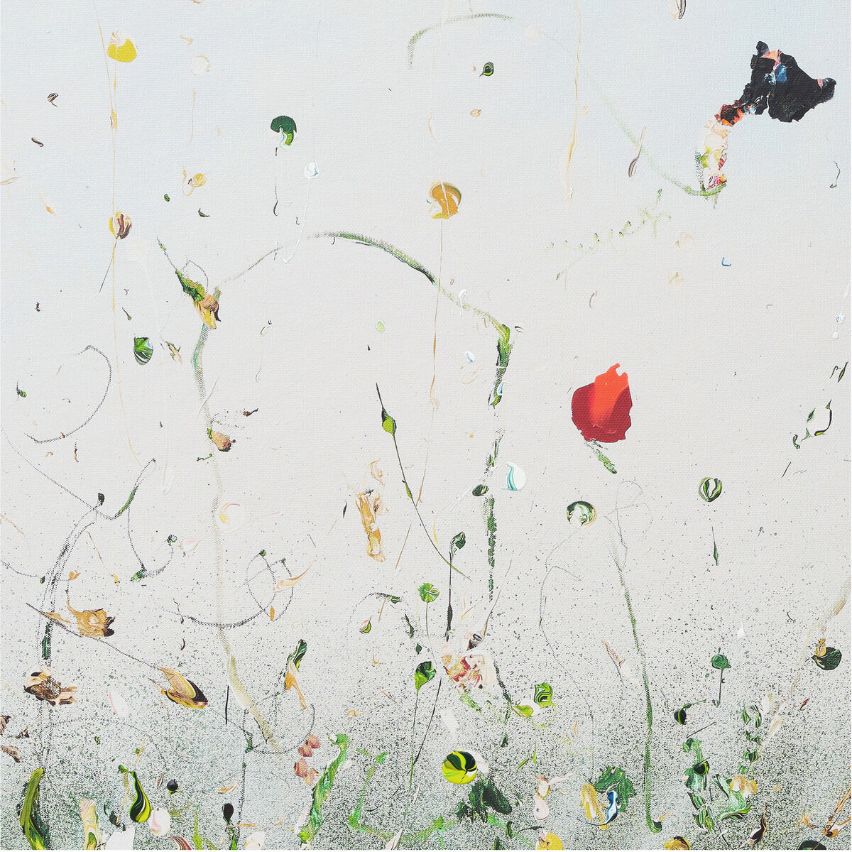 Rechteckiges Bild mit abstrakter Komposition auf weißem Grund, das zahlreiche verstreute Farbtupfer und feine Linien in Grün, Gold, Rot, Schwarz und Gelb zeigt. Hervorgehoben ist ein rötlicher Farbakzent in der Mitte. Das Werk wirkt luftig und leicht und erinnert an florale und musikalische Motive.