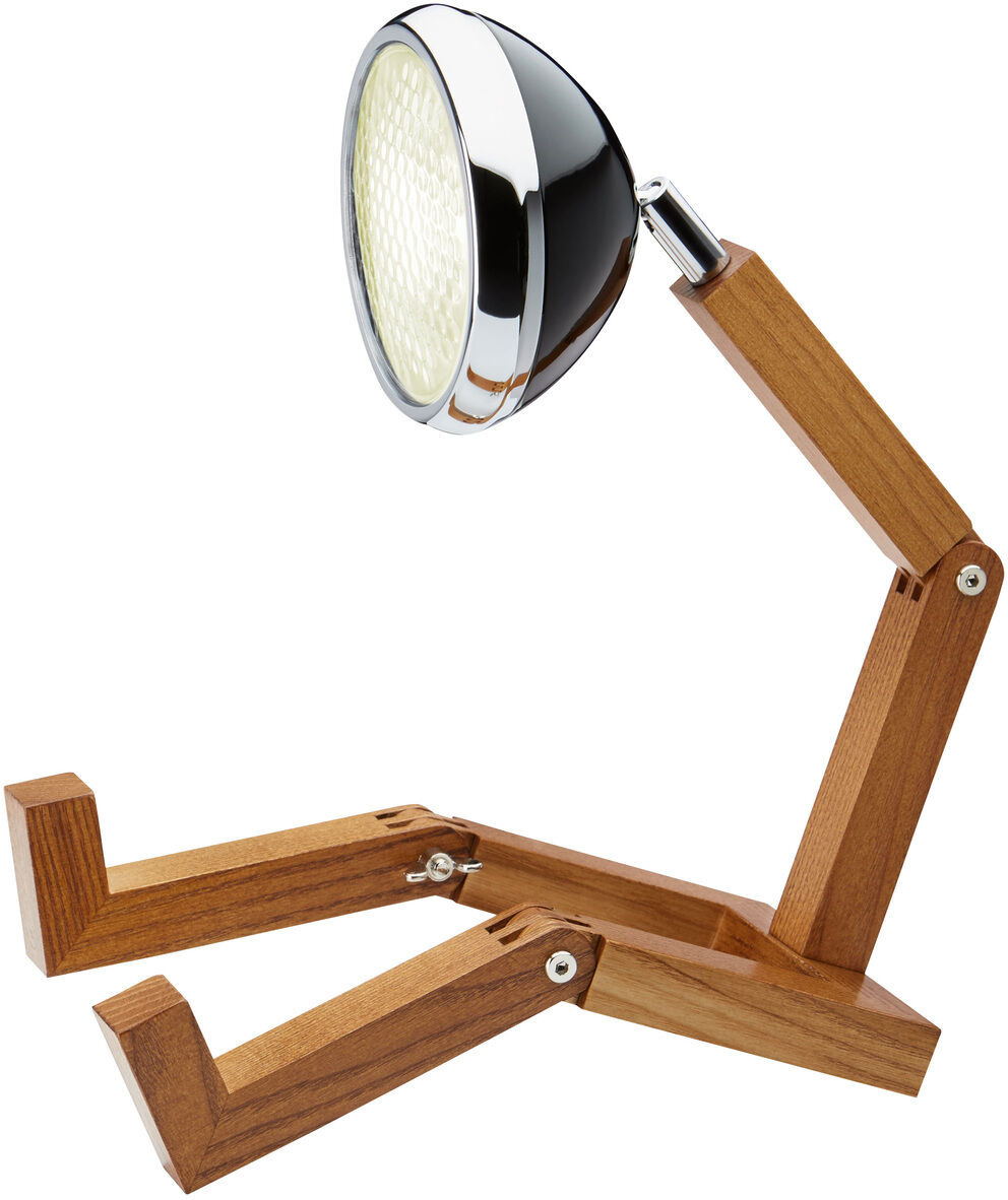Leuchte 'Mr. Wattson' aus Holz und Metall im modernen und verstellbaren Design.