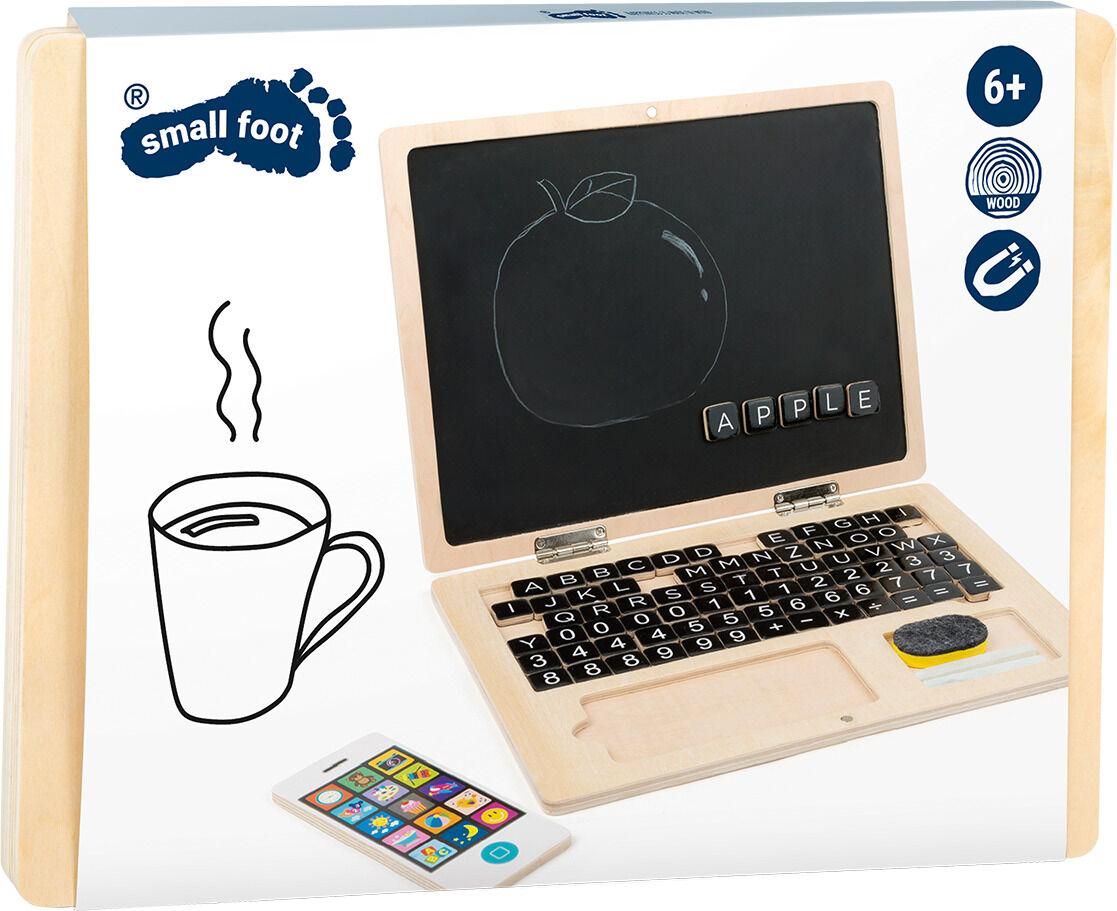 Holz-Laptop mit Magnettafel, geeignet für Kinder ab 6 Jahren. Enthält eine abnehmbare Tafel mit Kreide und magnetischen Buchstaben, um das Lernen und die Kreativität zu fördern. Verpackt in einer leicht zu tragenden Box.