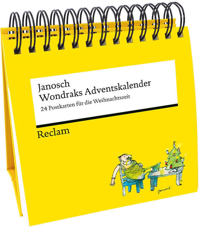Gelber Tischaufsteller mit schwarzer Spiralbindung, Titel: 'Janosch Wondraks Adventskalender – 24 Postkarten für die Weihnachtszeit'. Darunter eine Zeichnung von Wondrak am Tisch mit kleinem Weihnachtsbaum, typischer Janosch-Humor und Reclam-Logo.