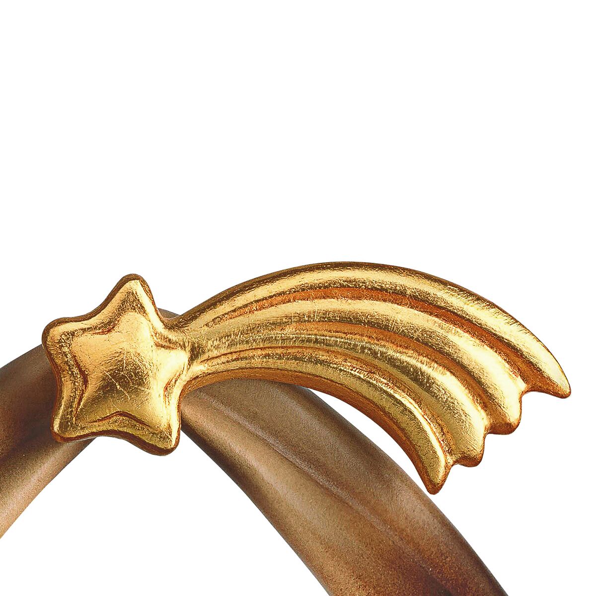 Detailaufnahme einer Weihnachtskrippe, die den goldenen Stern von Bethlehem zeigt, als Teil eines 12-teiligen Sets. Der Stern ist auf einem Bogen aus braunem Material montiert und symbolisiert das zentrale Element der Weihnachtsgeschichte in festlicher und traditioneller Optik.