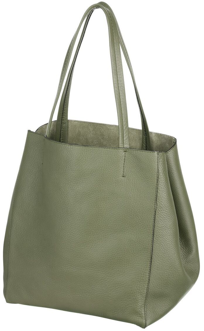 Eine grüne Lederhandtasche mit zwei schlanken Trageriemen und einem minimalistischen Design.