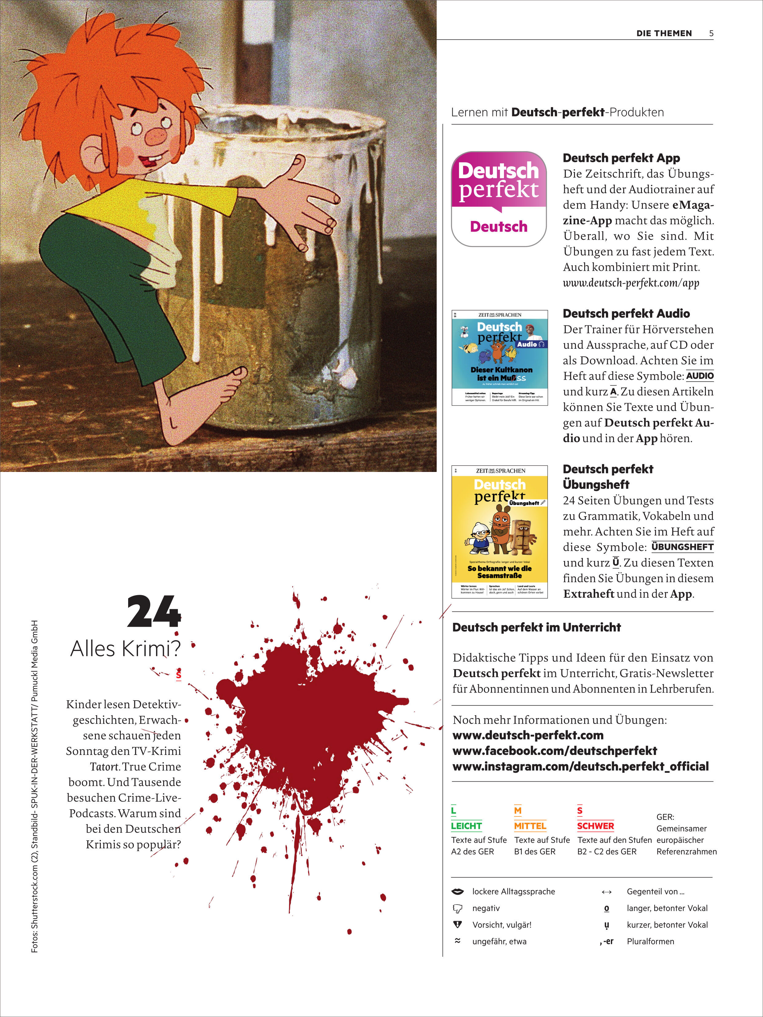 Auf der linken Seite ein Comic-Kind mit roten Haaren, grüner Hose und gelbem Shirt, das sich nach einer großen Blechkanne mit weißer Farbe streckt. Darunter große rote Farbspritzer, Text "24. Alles Krimi?", daneben ein kurzer Infotext. Rechts Produktinformationen und Werbung für Apps und Magazine von Deutsch perfekt, teils mit Logos in Magenta und Gelb.