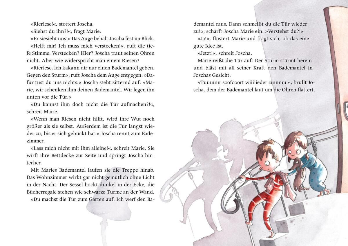 Ein illustriertes Kinderbuch zeigt zwei Kinder in einem Gebäude. Die Szene ist farbenfroh und detailreich gestaltet.