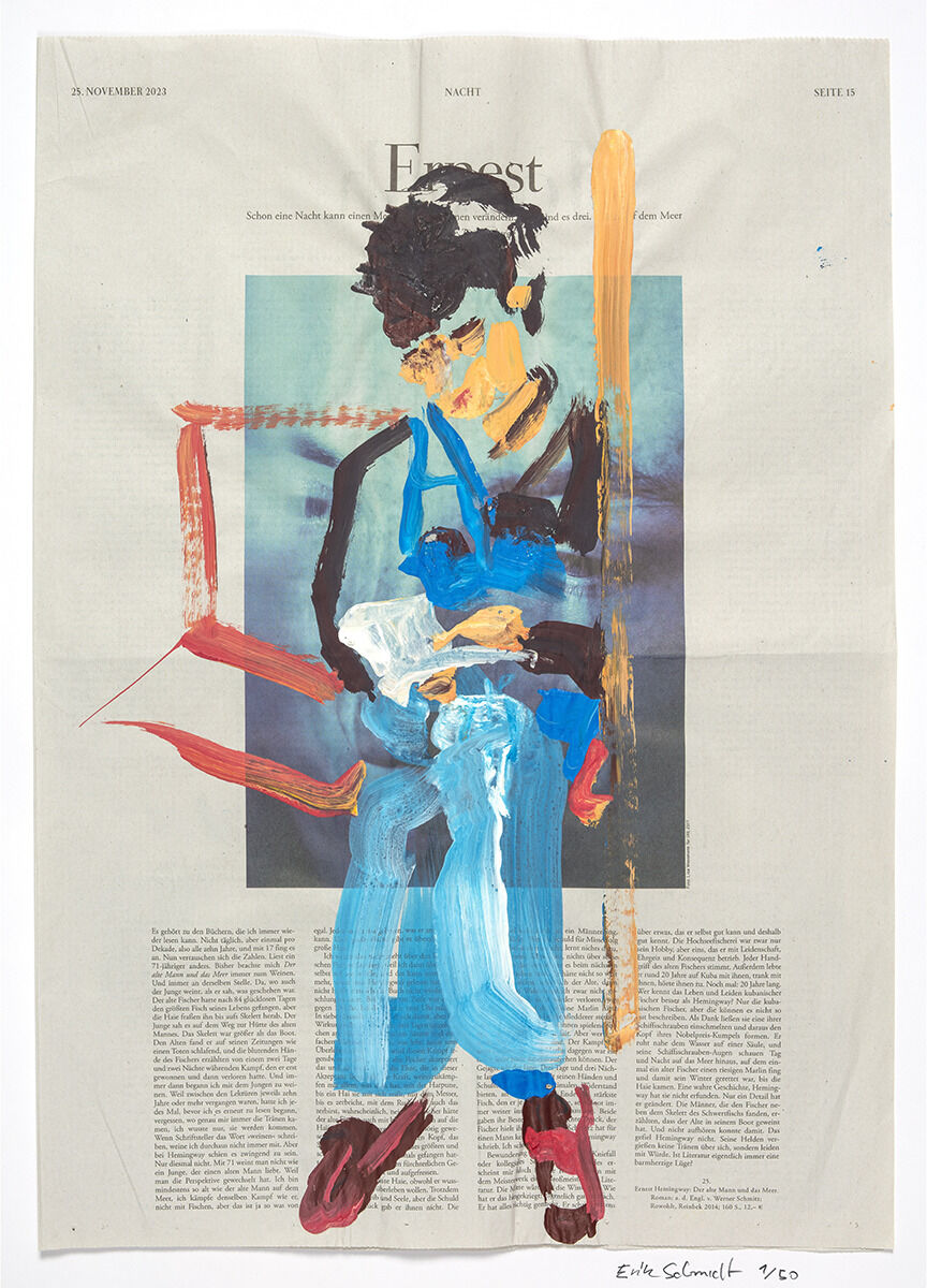 Das Bild zeigt ein Acrylgemälde von Erik Schmidt aus der ZEIT-Sonderedition 2024, Titel »Ernest«. Die Komposition ist abstrakt, mit dominierenden Farben Blau, Rot, Orange, Schwarz und Weiß. Der Hintergrund ist eine Seite aus der Zeitung ZEIT. Ideal für Kunstsammler und Liebhaber zeitgenössischer Kunst.