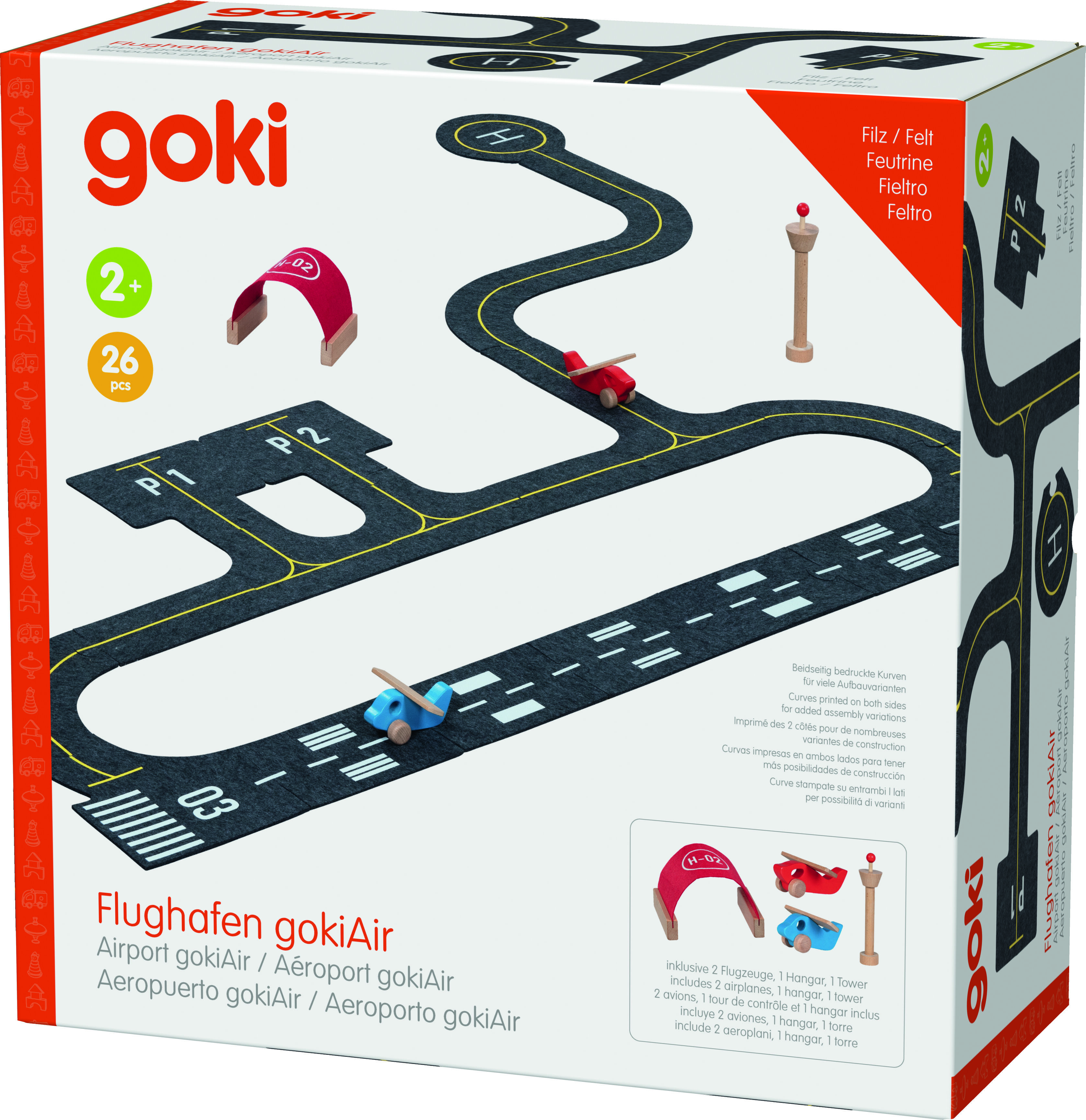 Das Bild zeigt das Spielset Flughafen »gokiAir« von Goki, eine Verpackung mit Holzspielzeug für Kinder ab 2 Jahren. Abgebildet sind eine Start- und Landebahn aus Filz, zwei kleine Flugzeuge, ein Tower und Himmelsbögen in Rot, Blau und Naturfarben. Das Set ist zum fantasievollen Spielen und Lernen im Kinderzimmer geeignet.
