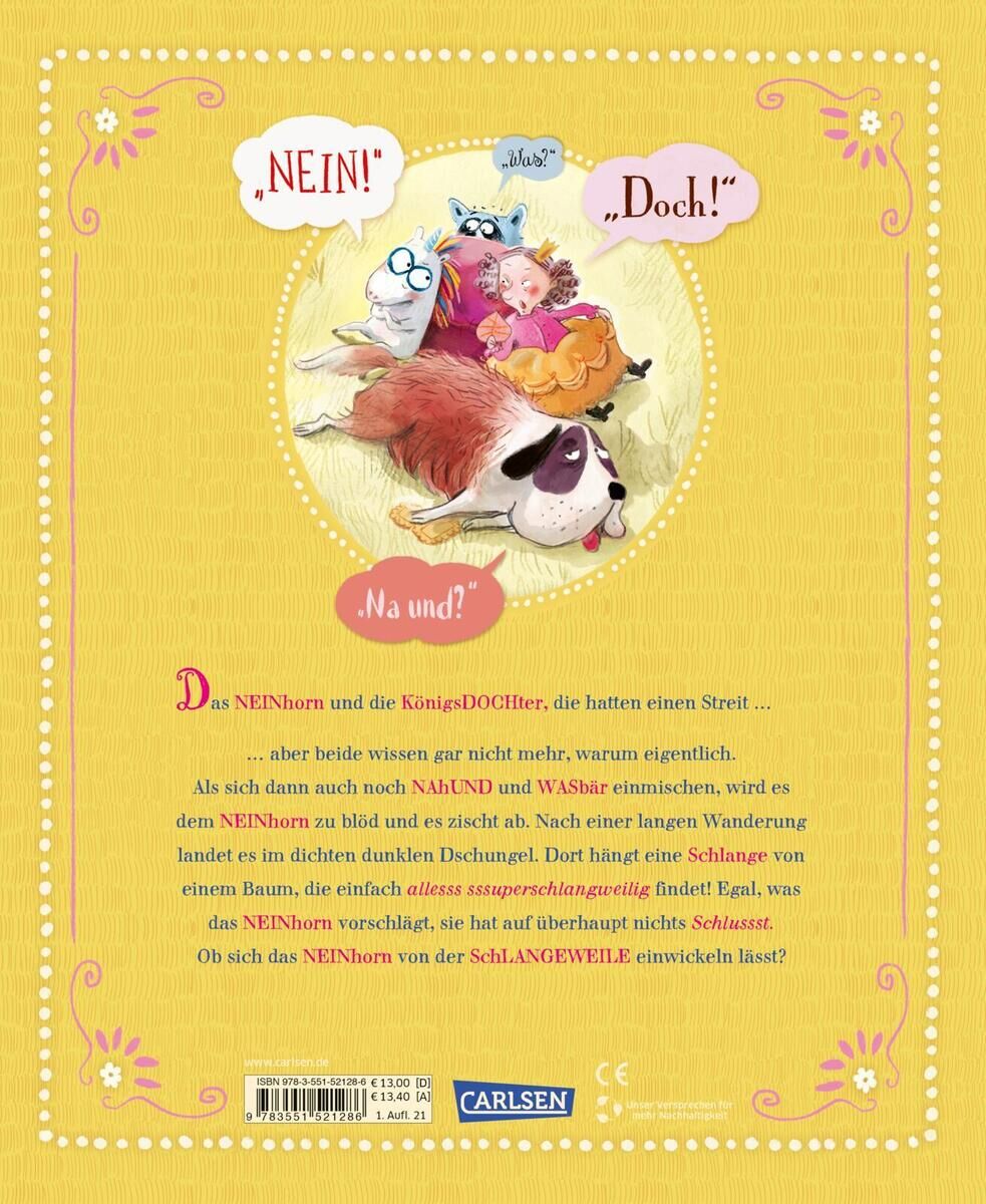 Das Buchcover von 'Das NEINhorn und die SchLANGEWEILE' zeigt eine humorvolle, bunte Illustration von verschiedenen Tieren, darunter ein Einhorn, eine Schlange mit Brille, ein Hund und eine rosa Maus, die auf einem Haufen sitzen. Der Hintergrund ist gelb mit weißen und violetten Verzierungen und Sprechblasen mit den Texten 'NEIN!', 'Doch!', und 'Na und?'.