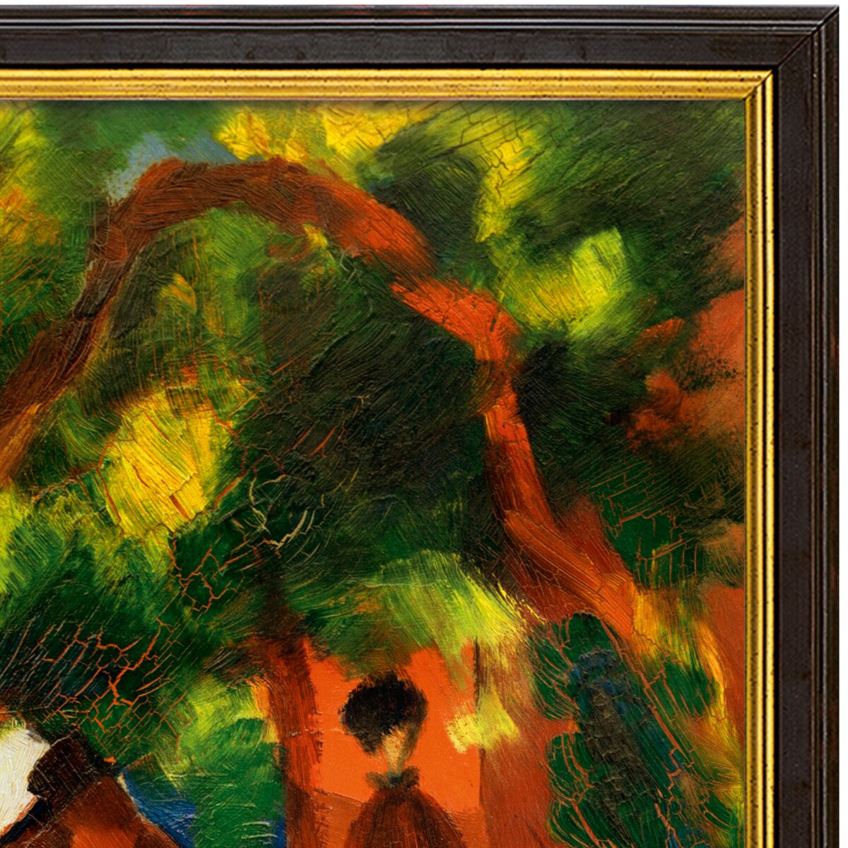 Das Bild zeigt August Mackes "Sonniger Weg" (1913) als detailreiche, farbintensive Giclée-Reproduktion auf Künstlerleinwand im Massivholzrahmen (64x41 cm). Zu sehen ist ein sonnenbeschienener Weg durch leuchtend grüne Bäume, Figuren in bunter Kleidung, impressionistisch-flächig gemalt.