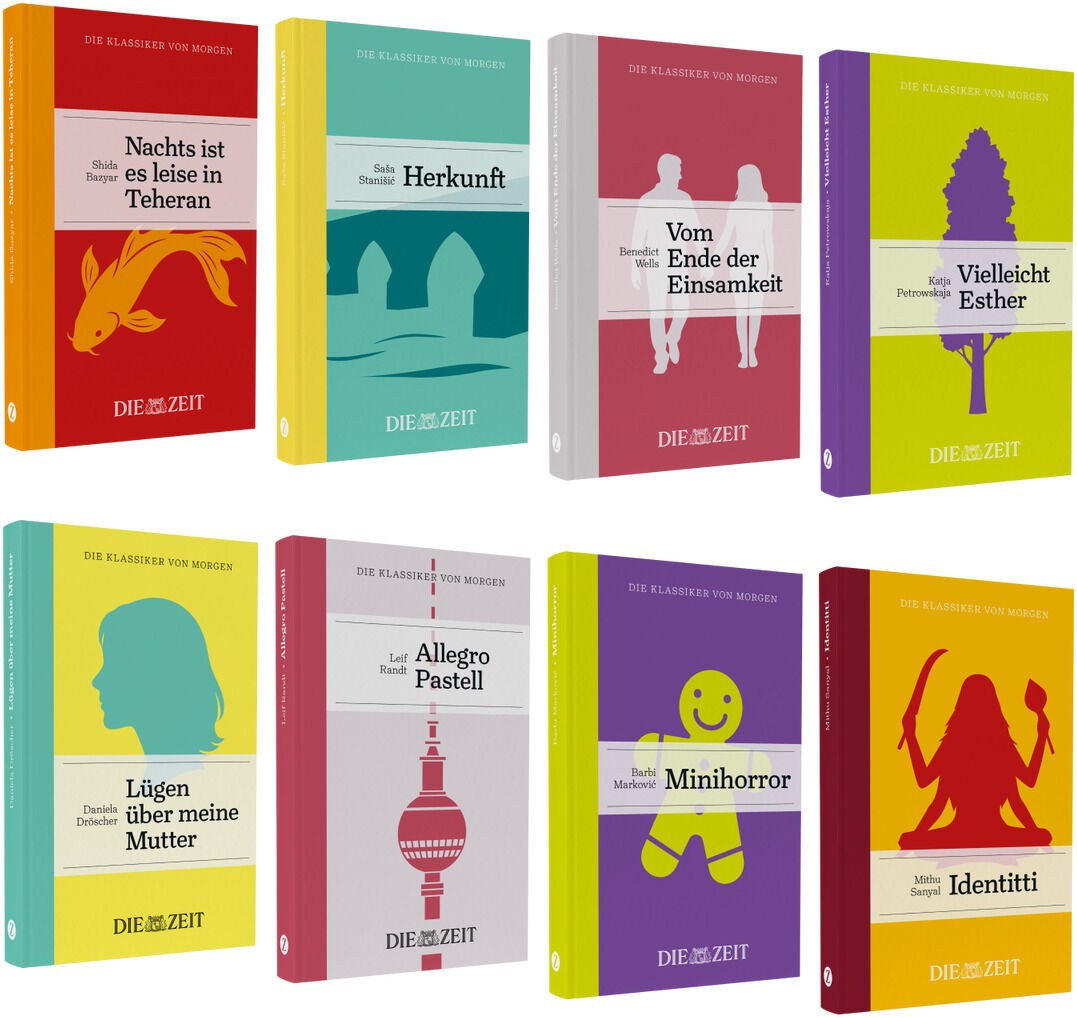 Acht farbig gestaltete Hardcover-Romane der ZEIT-Edition »Die Klassiker von morgen« stehen nebeneinander. Die Titel sind gut lesbar, jedes Buch hat ein eigenes, plakatives Motiv und kräftige Grundfarbe. Alle sind mit Lesebändchen ausgestattet.
