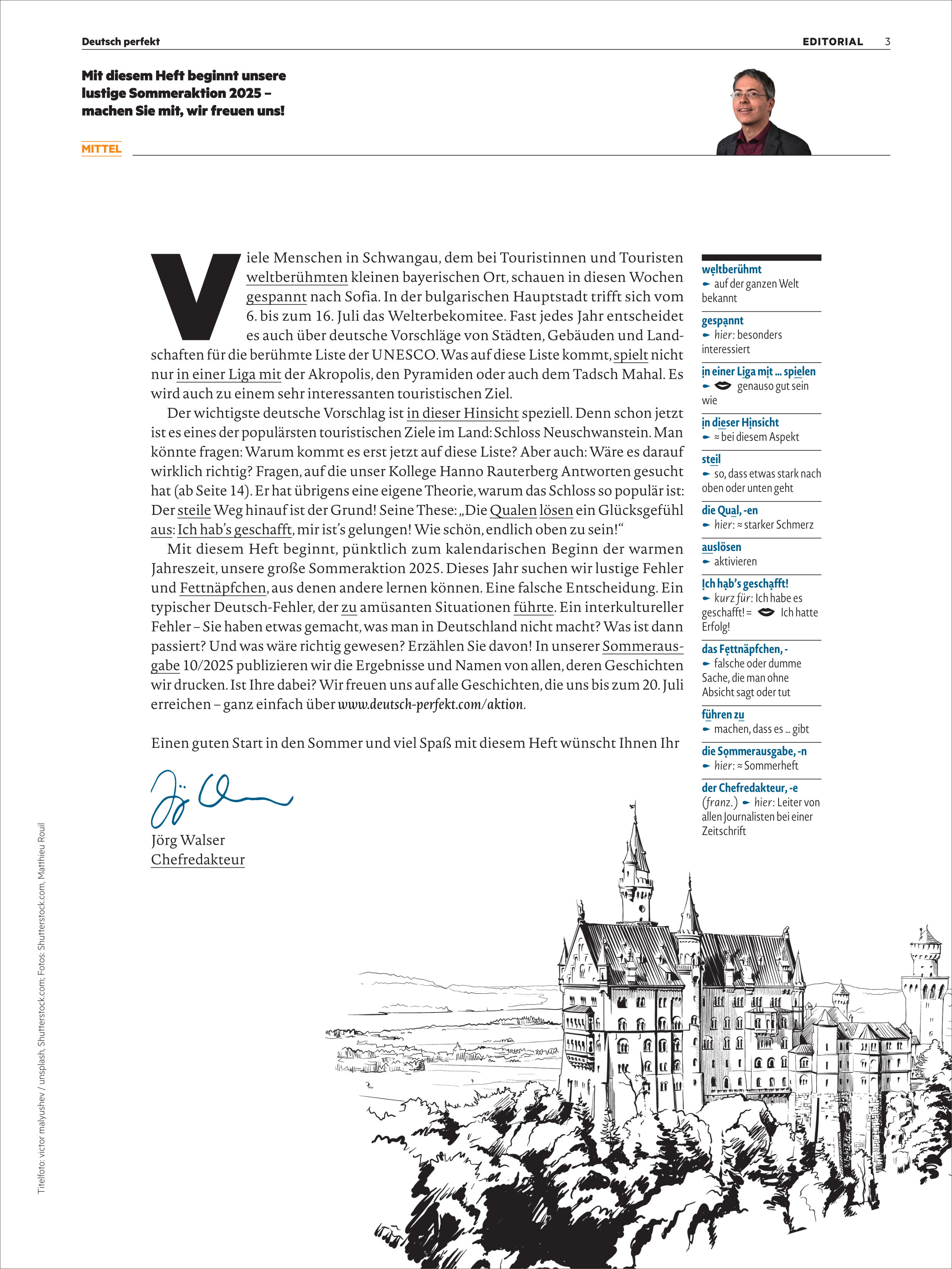 Titelseite des Magazins 'Deutsch perfekt 8/2025' mit einem Editorial, einem Porträtfoto des Chefredakteurs und einer schwarz-weißen Zeichnung von Schloss Neuschwanstein am unteren Rand. Der Text steht auf weißem Hintergrund, einige Textabschnitte und Überschriften sind farblich hervorgehoben.