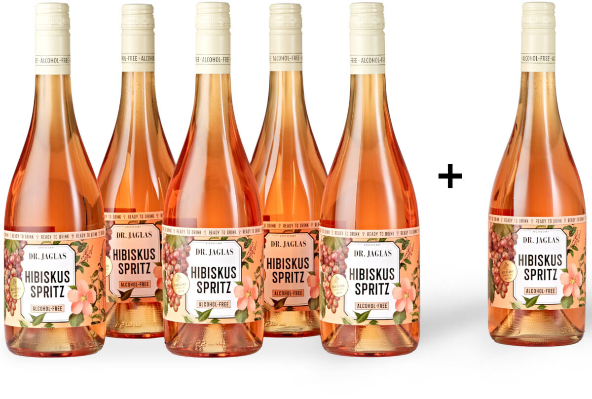 Sechs Flaschen Hibiskus Spritz alkoholisches Getränk, dekoriert mit Hibiskusblüten auf dem Etikett, in rosa-flüssiger Farbe präsentiert.