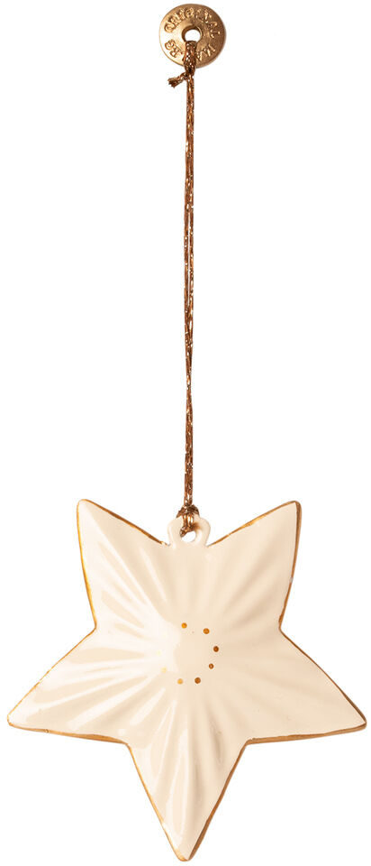 Ein Weihnachtsanhänger in Sternform aus weißem Porzellan mit goldenen Rändern, der an einem goldenen Faden aufgehängt ist.