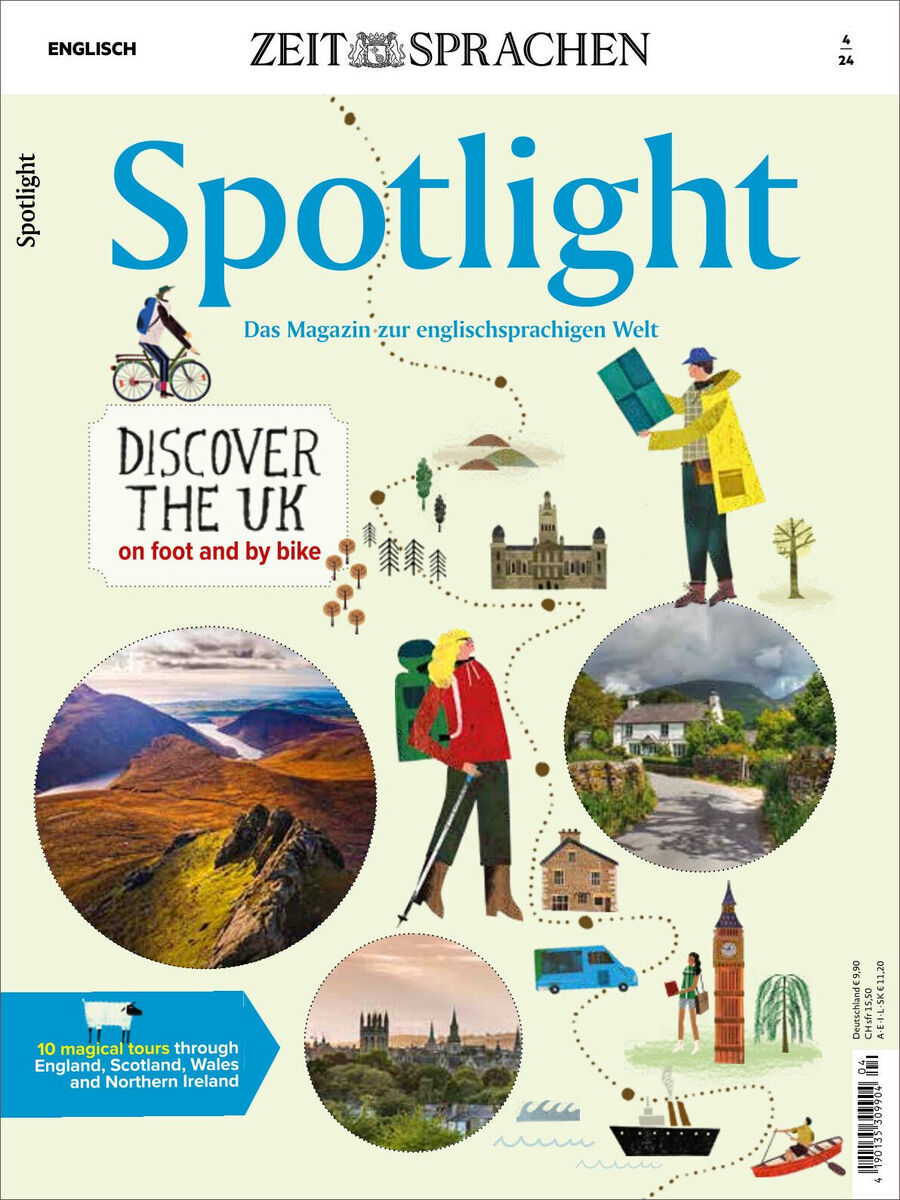 Cover des Spotlight Magazins 04/2024 Sonderausgabe mit dem Titel 'Discover the UK on foot and by bike'. Das Cover zeigt mehrere Illustrationen von Landschaften und Sehenswürdigkeiten in England, Schottland, Wales und Nordirland sowie Menschen beim Wandern und Radfahren.