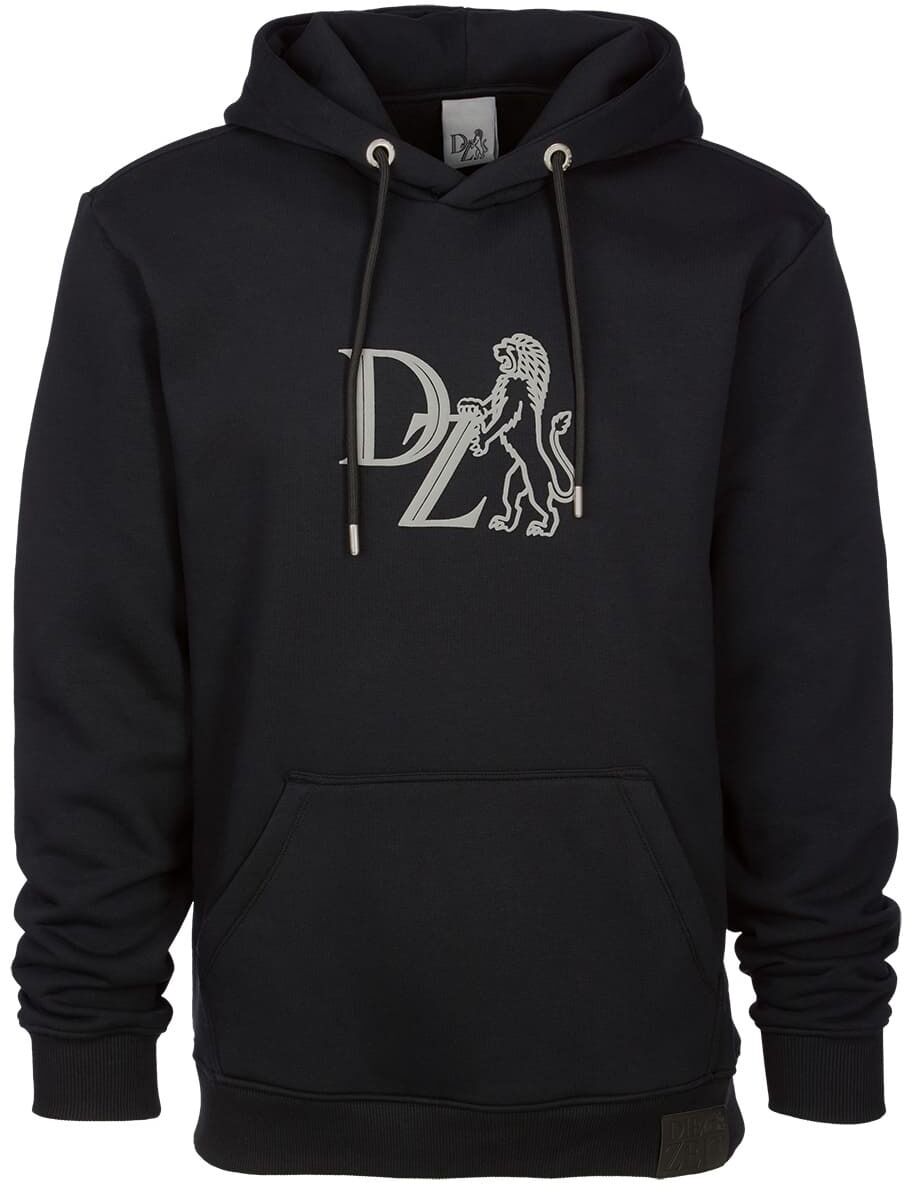 Schwarzer Hoodie mit Kapuze und Kängurutasche. Auf der Vorderseite ist ein weißes Logo der Zeitschrift »ZEIT« und ein stehender Löwe abgebildet.