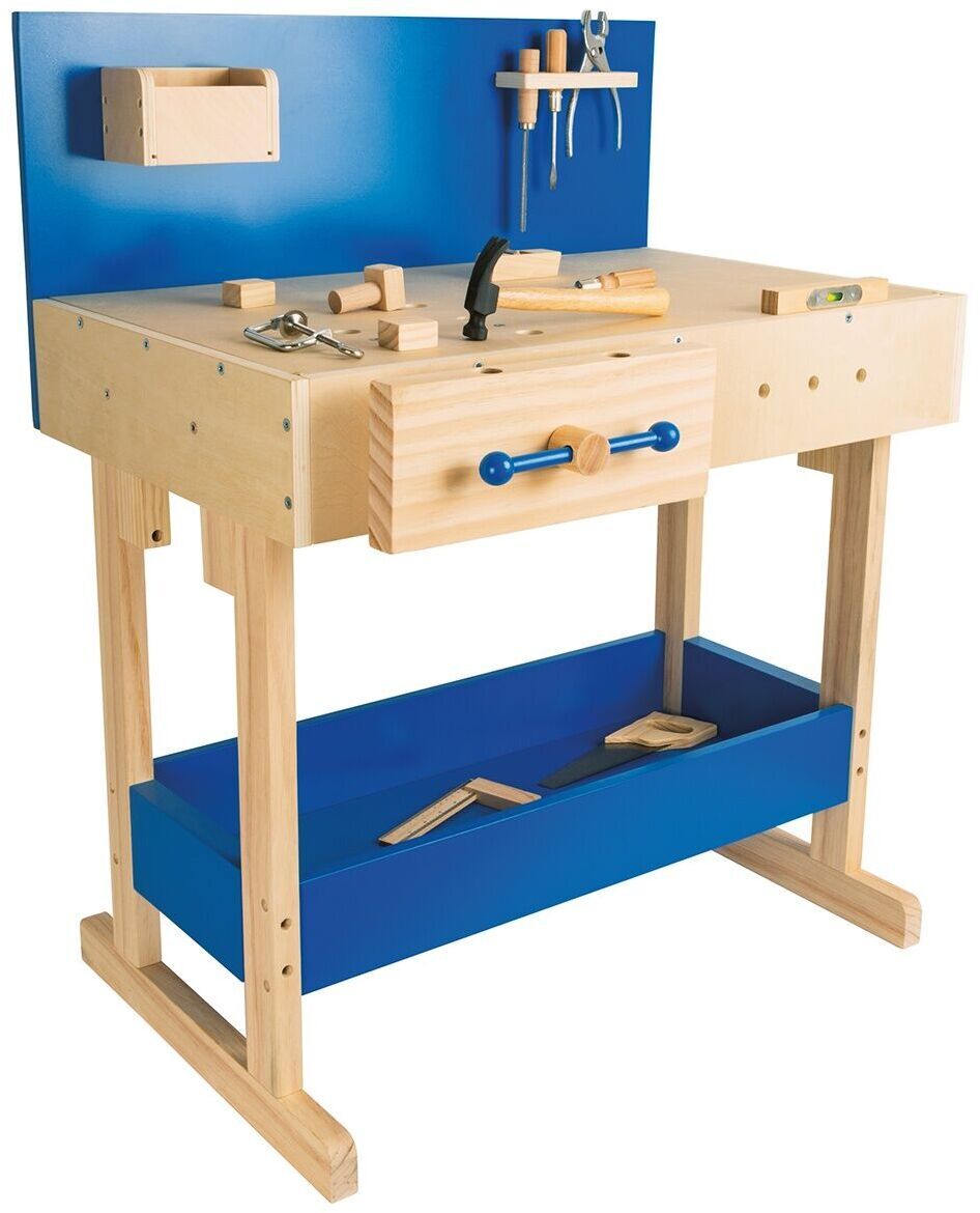 Kinderwerkbank aus Holz mit echten Werkzeugen, darunter Hämmer, Schraubendreher und weitere Utensilien, auf einem stabilen Gestell in Blau und Holzfarben.