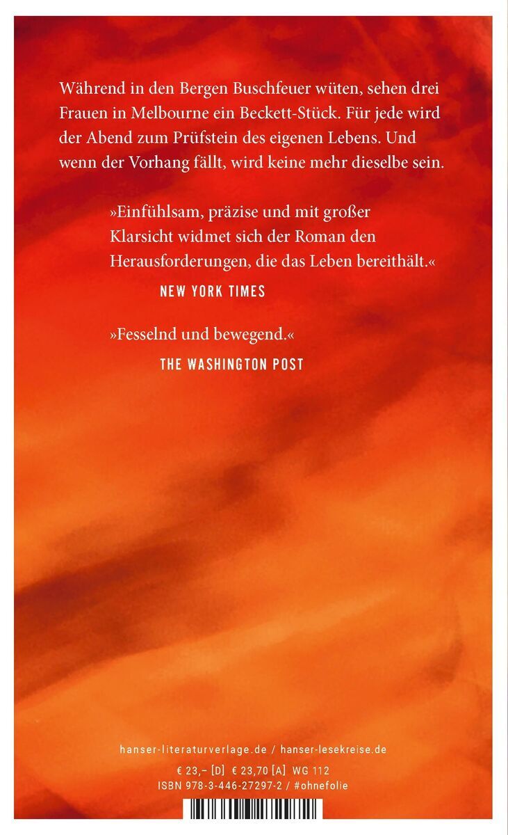 Buchcover von 'Die Feuer' von Claire Thomas. Der Hintergrund zeigt rot-orange Farbtöne, die an ein Feuer erinnern. Oben befindet sich Text in Weiß mit Zitaten von der New York Times und der Washington Post. Unten stehen Verlagsinformationen und eine ISBN-Nummer.