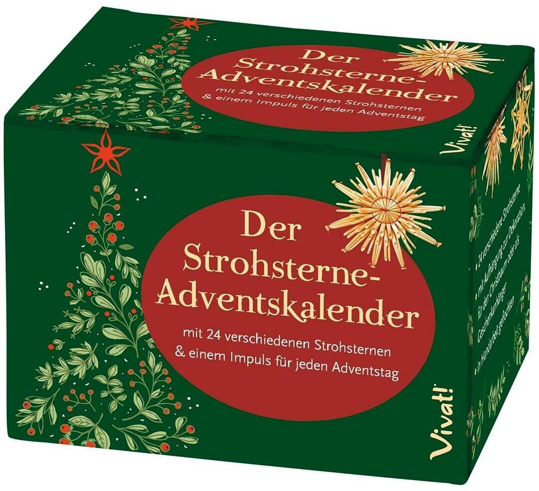 Verpackung des 'Der Strohsterne-Adventskalender' von Vivant. Die Schachtel ist grün mit roten und goldenen Akzenten und zeigt weihnachtliche Motive wie einen dekorierten Weihnachtsbaum und Strohsterne.