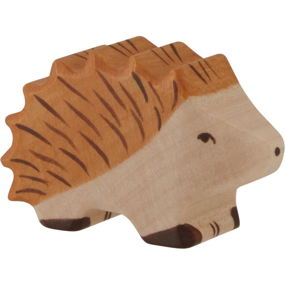 Abbildung eines handgefertigten Holzspielzeugs in Form eines Igels aus einem Waldtiere-Set, naturbelassen bemalt mit braunen und schwarzen Details. Geeignet für Kinder und als nachhaltige Dekoration.