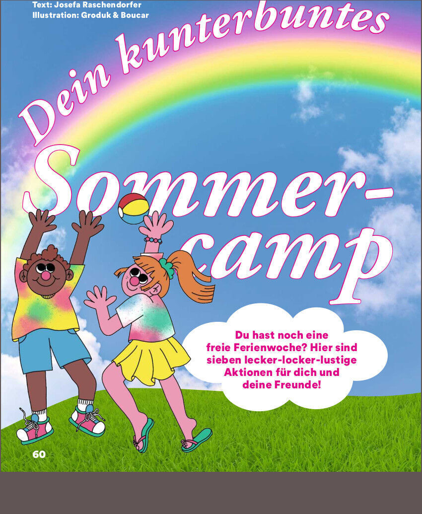 Ein farbenfrohes Cover des Magazins ZEIT LEO 5/21 mit dem Titel 'Rein ins verrückte Pyramiden-Rätsel!' Das Cover zeigt einen Regenbogen und zwei fröhliche, tanzende Kinder in bunten T-Shirts. Am oberen Rand steht 'Dein kunterbuntes Sommercamp' in pinker Schrift.