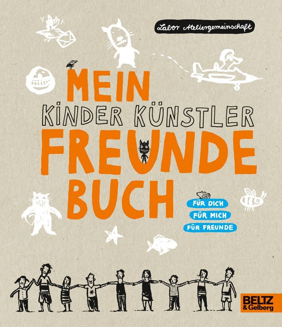Ein buntes, kinderfreundliches Freundebuch mit der Aufschrift 'Mein Kinder Künstler Freundebuch'. Das Cover zeigt fröhliche Illustrationen von Kindern und verschiedenen Tieren. Das Buch bietet Platz, um kreative und persönliche Notizen über Freundschaften zu schreiben.