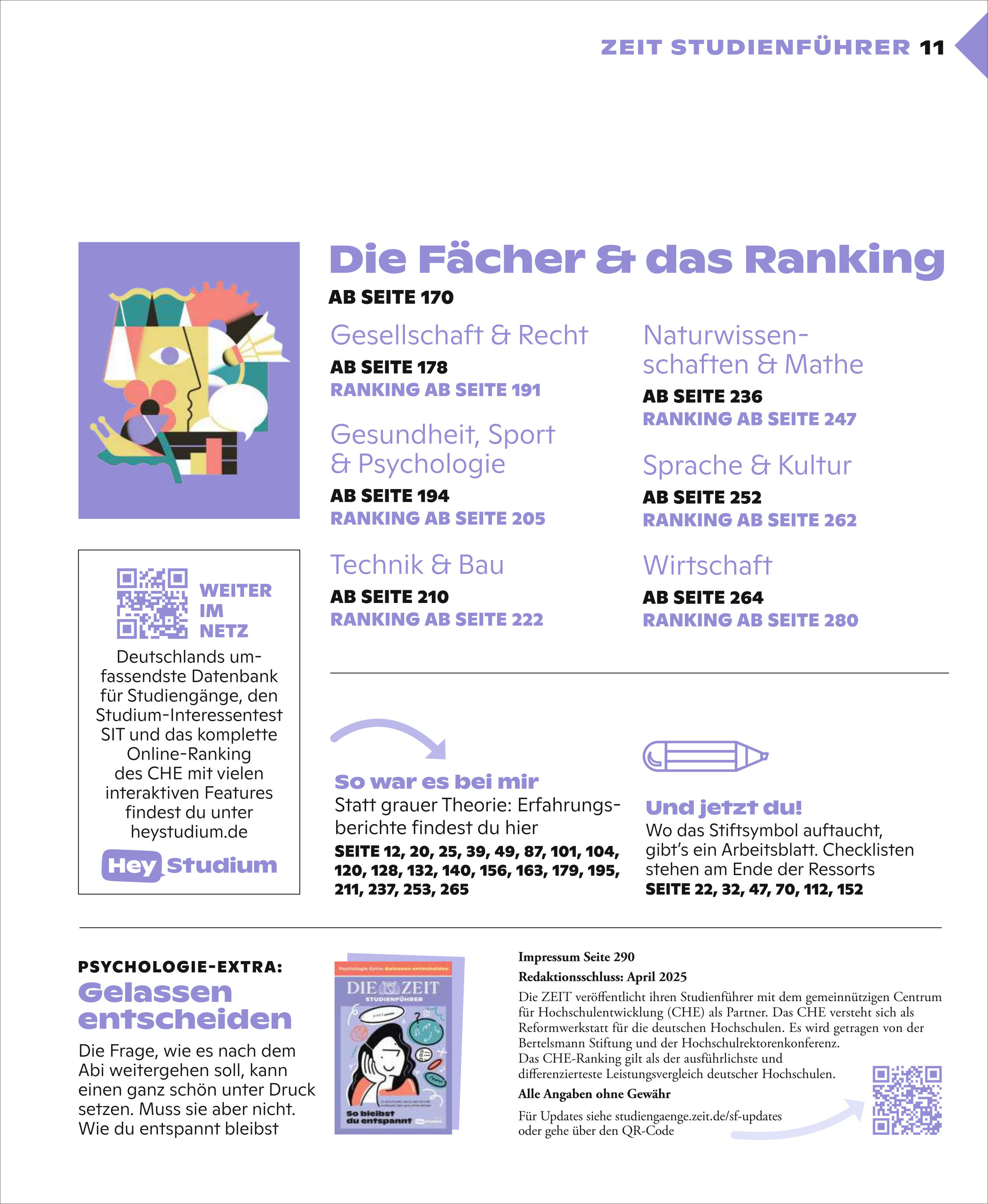 Deutsche Magazinseite mit violettem Titel 'Die Fächer & das Ranking' und gelbem Kasten. Listen zu Studienrichtungen wie Gesellschaft & Recht, Gesundheit, Technik, Mathematik oder Wirtschaft. Zwei farbige, rechteckige Grafikelemente, eine Infobox und ein Buchcover unten links. Text und Illustrationen dominieren die helle, moderne Gestaltung.