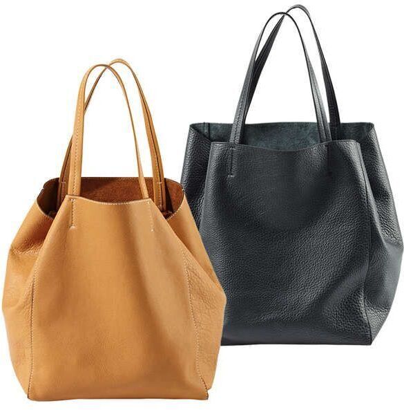 Eine stilvolle Handtasche aus Leder mit zwei Modellen: eine in elegantem Schwarz und eine in natürlichem Beige. Beide Taschen haben lange Henkel und bieten viel Platz für den täglichen Gebrauch oder besondere Anlässe.