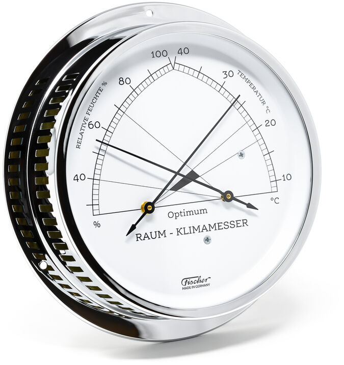 Die ZEIT-Sonderedition »Raumklimamesser« zeigt präzise die Temperatur und Luftfeuchtigkeit an. Das Gerät hat eine runde Form, eine weiße Vorderseite mit schwarzen und silbernen Details, und zeigt Messwerte auf analogen Zeigern.